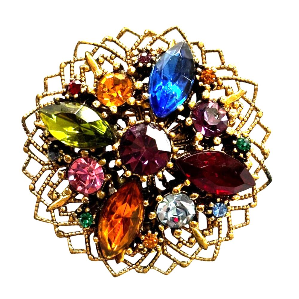 Vintage Czech Bohemian glass brooch on goldtone filigree round multicolor stones